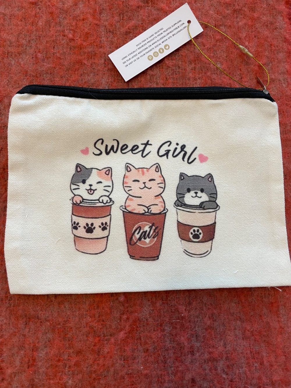 NWT! Adorable "Sweet Girl" Coffee Cats - Small Canvas Bag - Picture 2 of 7